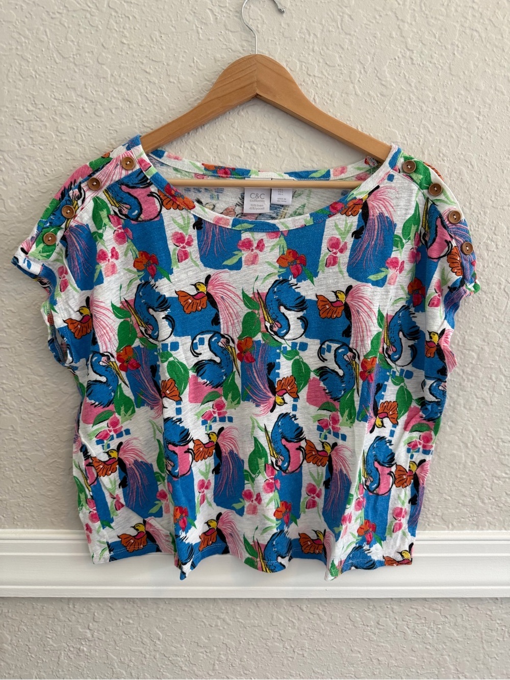 C&C California Bright Tropical Parrot Print Top - Blue, Pink & Green - Size L